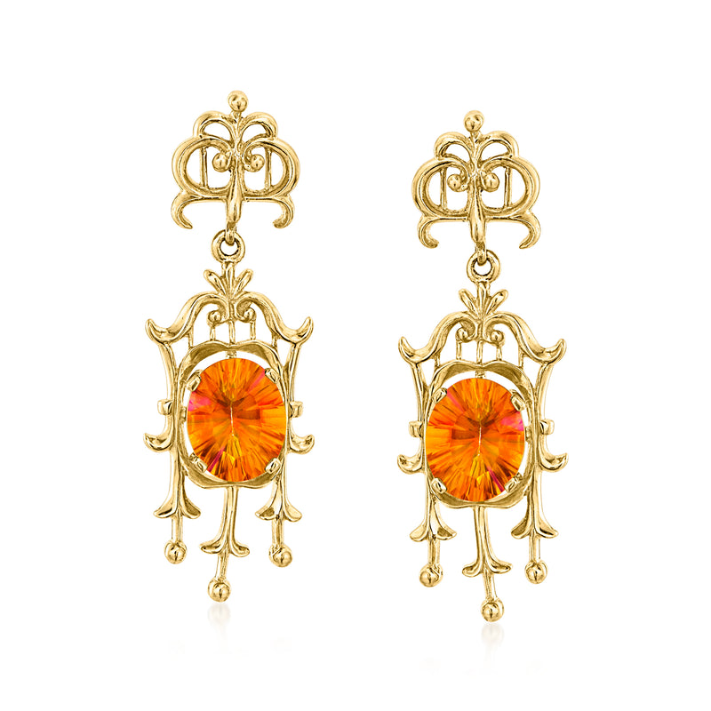 Orange topaz drop earrings in 14kt yellow gold with ornate filigree and dangling charm