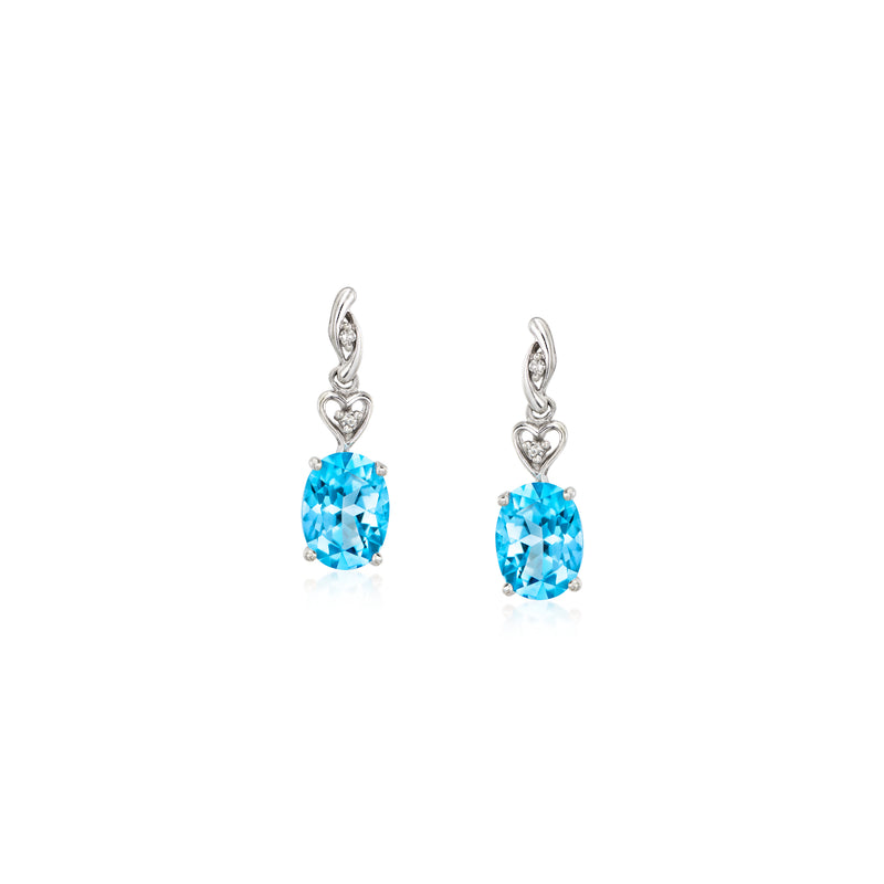 Vintage sky blue topaz drop earrings in 10kt white gold with diamond accents