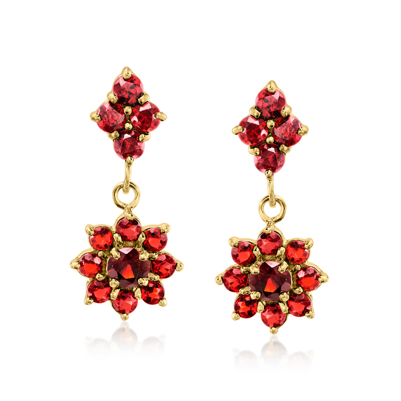 Vintage garnet cluster drop earrings, red gemstones in 14kt yellow gold