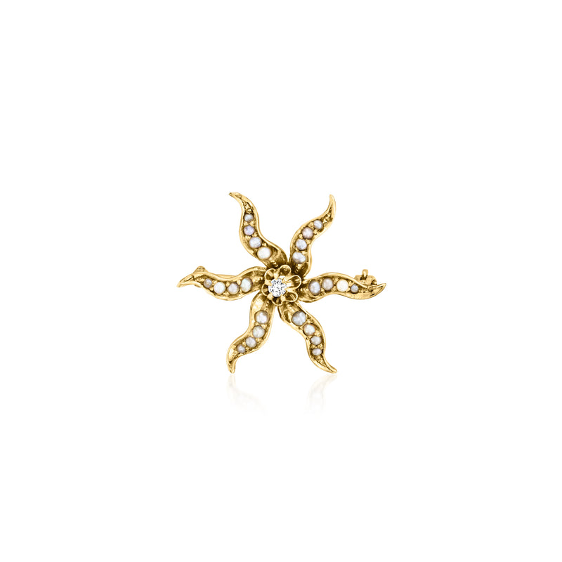 Vintage yellow gold flower pin pendant with seed pearls and blue enamel details