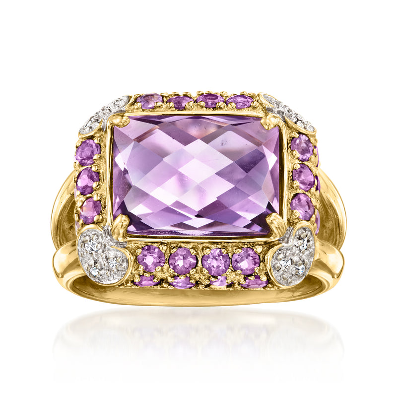 14kt yellow gold ring with square purple amethyst center, purple halo, diamond accents