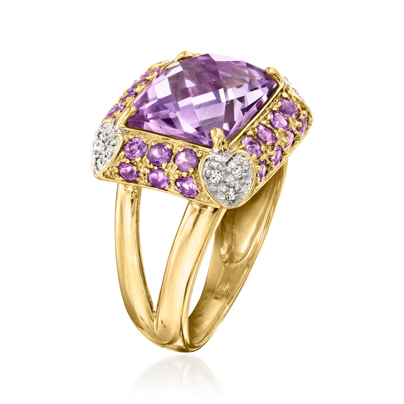 Yellow gold amethyst and diamond ring with purple side stones and tilted square center