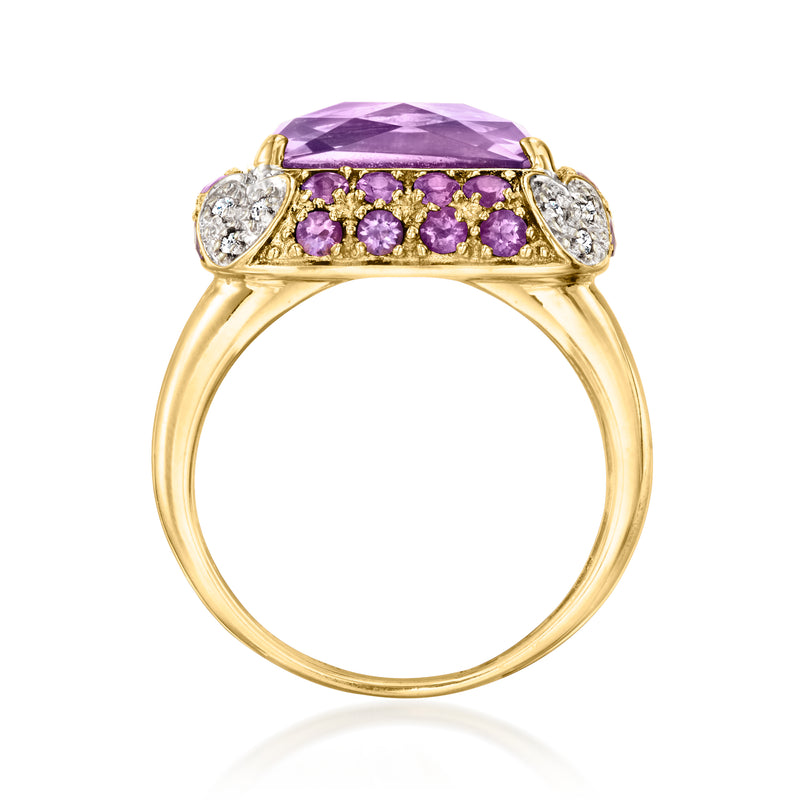 Yellow gold ring band with purple gemstone row and cushion amethyst top, diamond side halos