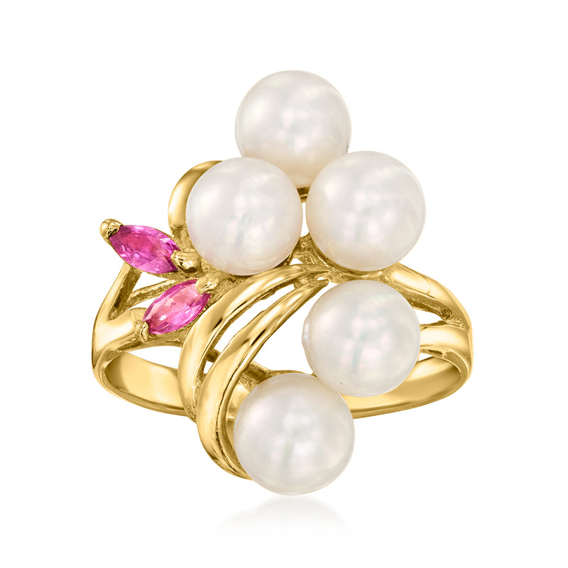 14kt yellow gold ring with clustered white pearls and pink ruby accents