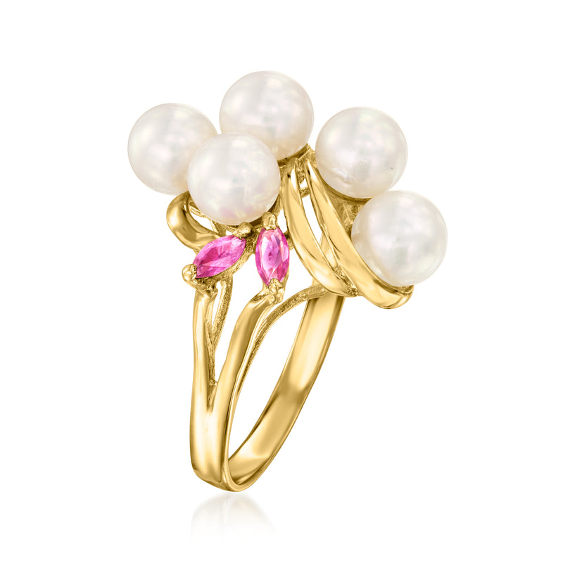 14kt yellow gold pearl and pink ruby cluster ring with openwork prongs