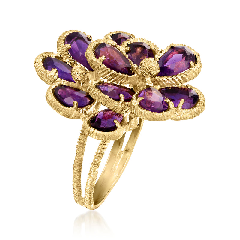 Amethyst flower cocktail ring angled view, purple oval stones in yellow gold band
