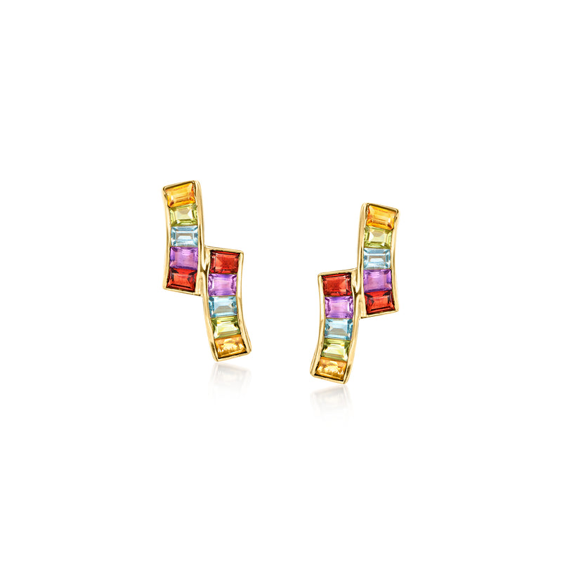 14kt yellow gold post earrings with multi-color rectangular gemstones in double-curve design