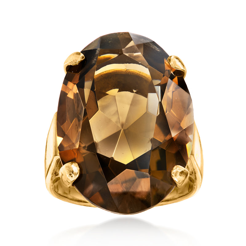 Vintage 14k yellow gold smoky quartz ring, large oval stone with four prongs