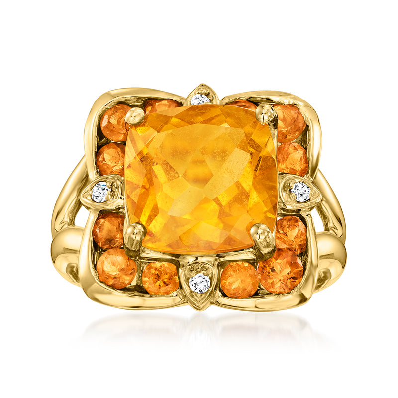 Vintage yellow gold ring with large cushion citrine and round diamond accents