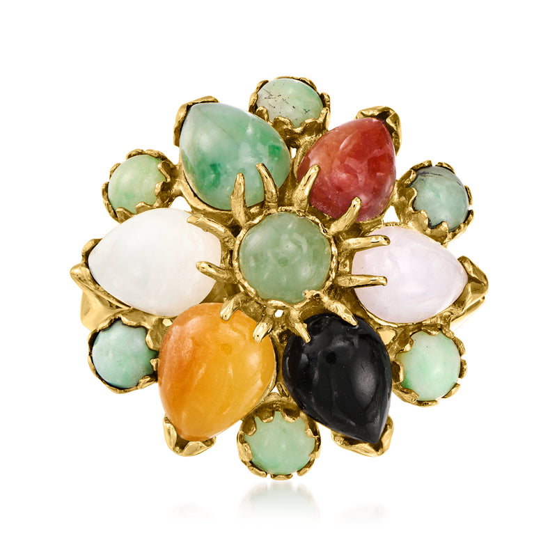 Yellow gold jade cluster ring with multicolored oval cabochons: green, white, orange, black