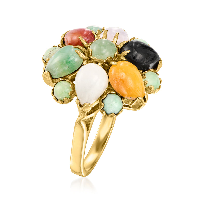 Yellow gold jade cluster ring with oval cabochons in green, white, orange, black, red