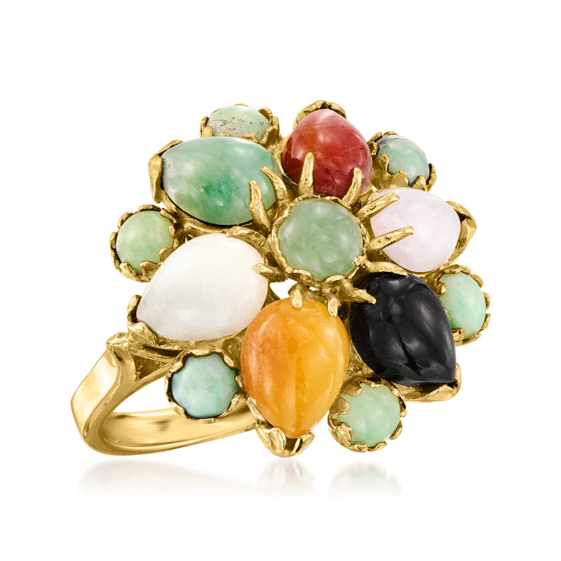 Yellow gold jade cluster ring with oval cabochons in green, white, orange, black, pink