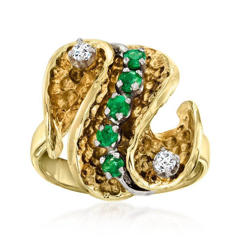 Vintage swirl ring in 14kt yellow gold with green emerald clusters and white diamond accents