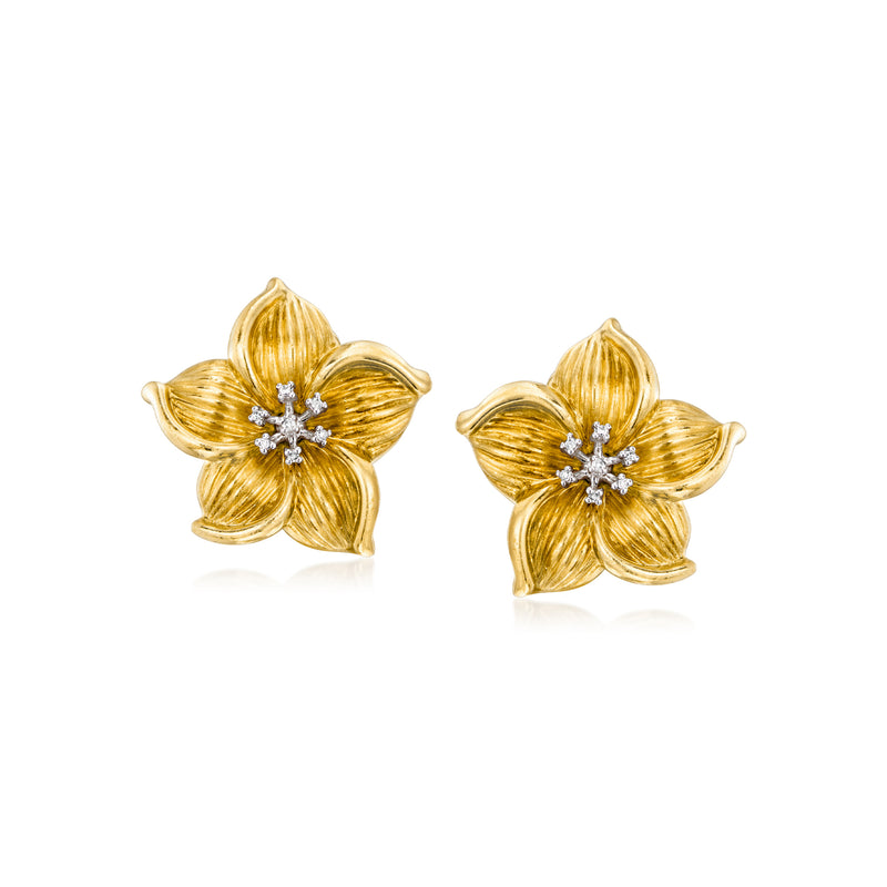 14kt yellow gold diamond flower stud earrings with scalloped petals