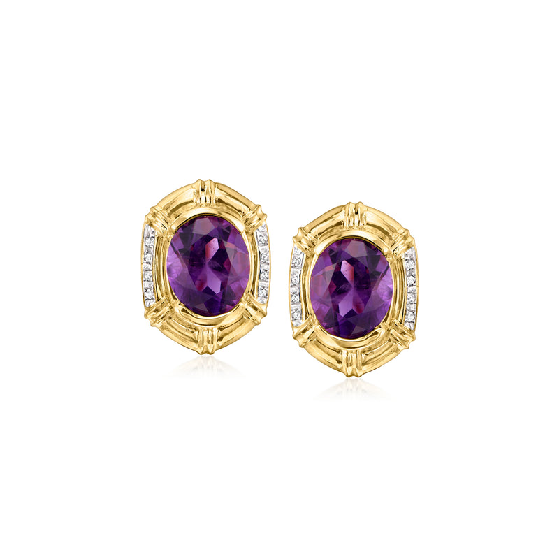Amethyst oval stud earrings with diamond halo in 14k yellow gold