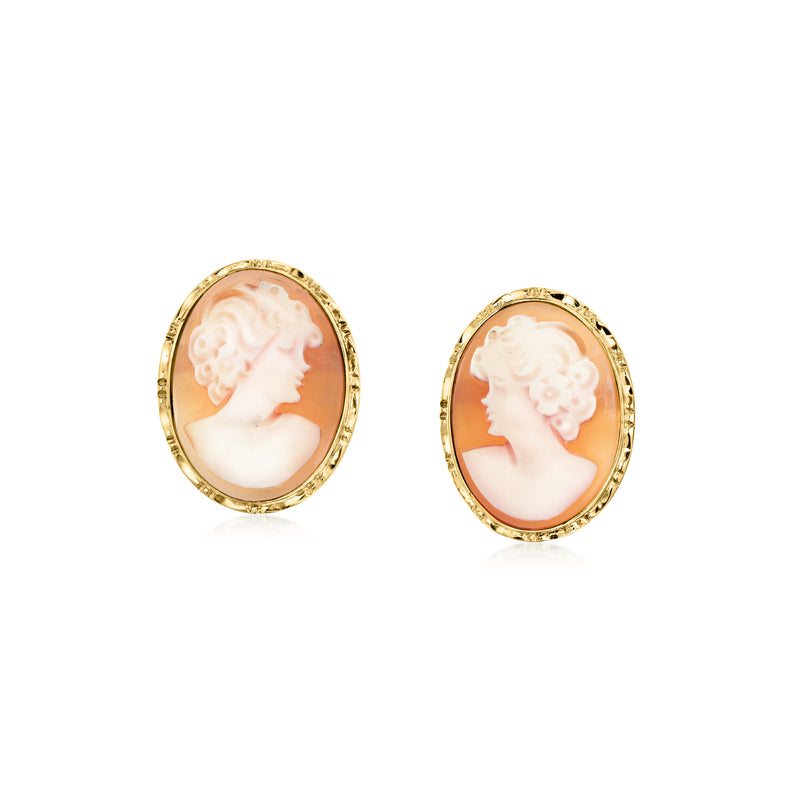 Vintage oval cameo shell earrings in 14kt yellow gold with brown-toned portraits