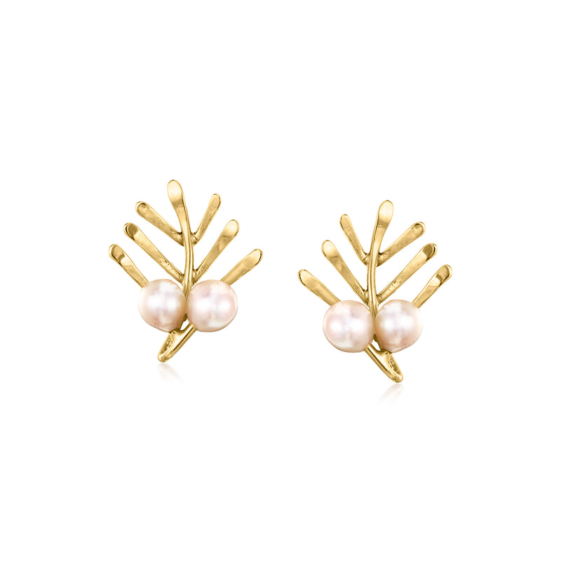 14kt yellow gold leaf clip-on earrings with three cultured pearl drops