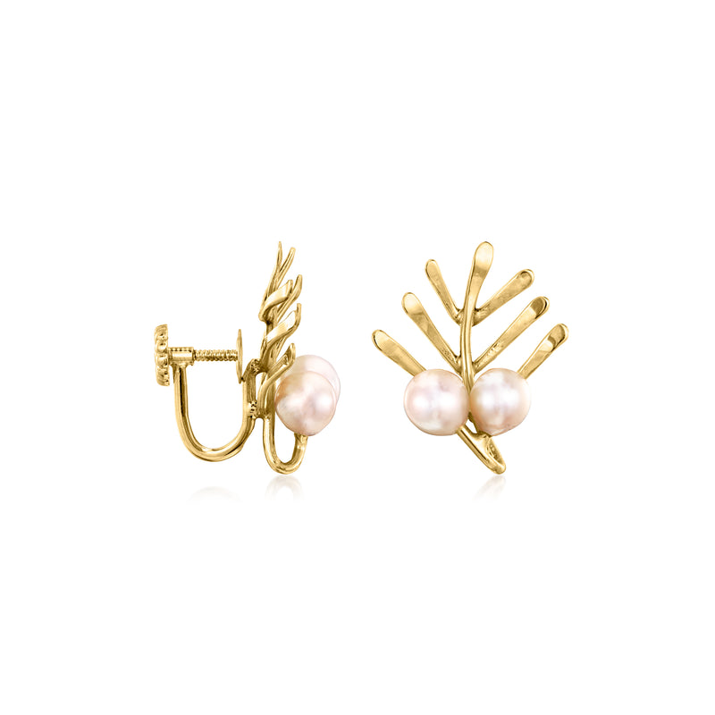 14kt yellow gold pearl leaf clip earrings with hinged clasp and back view