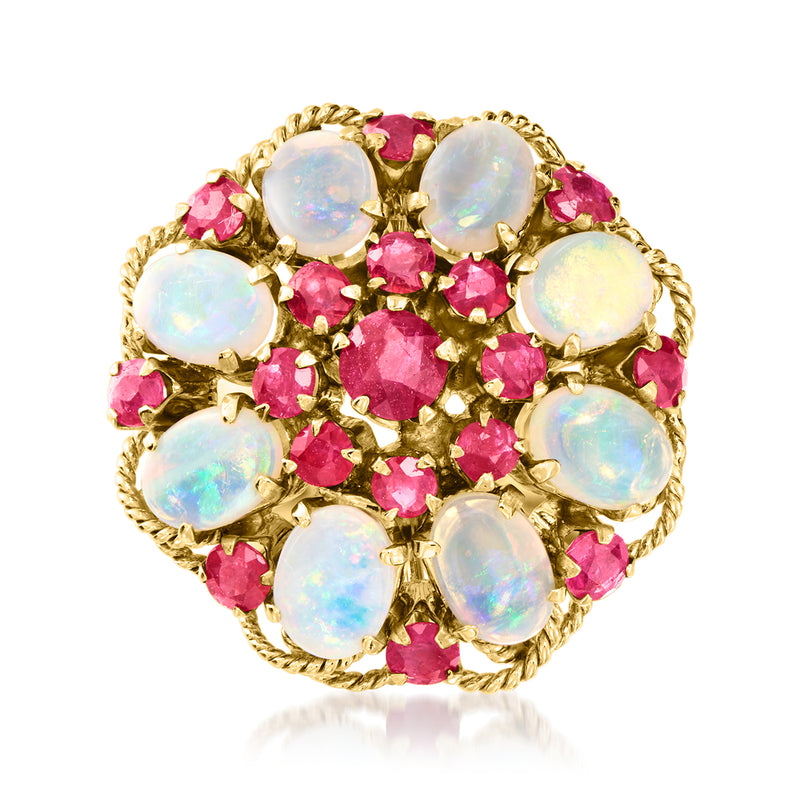Vintage oval opal and ruby cluster ring in 10kt yellow gold, round pink accents