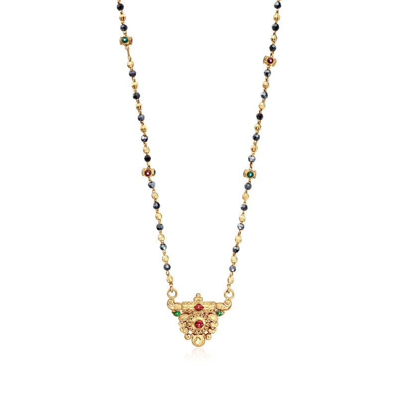 Vintage yellow-gold beaded necklace with colorful enamel flower pendant and dark beads