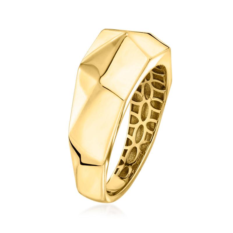 14kt yellow gold faceted ring with curved profile and textured openwork inner band