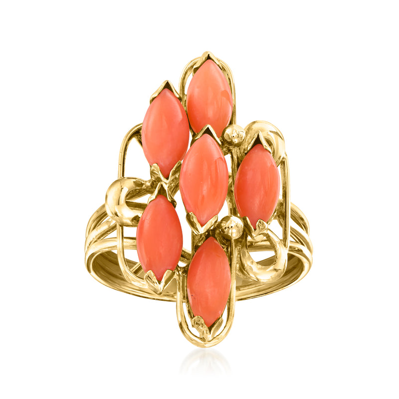 Vintage coral cocktail ring with five marquise stones, 14kt yellow gold setting