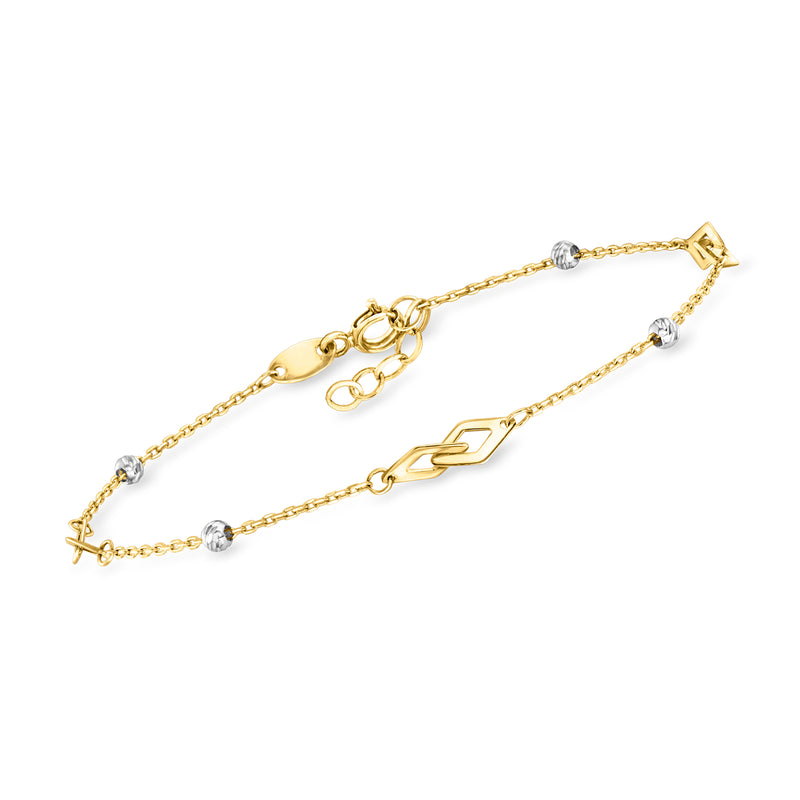 10kt two-tone gold bead station bracelet with linked stations and round stone beads
