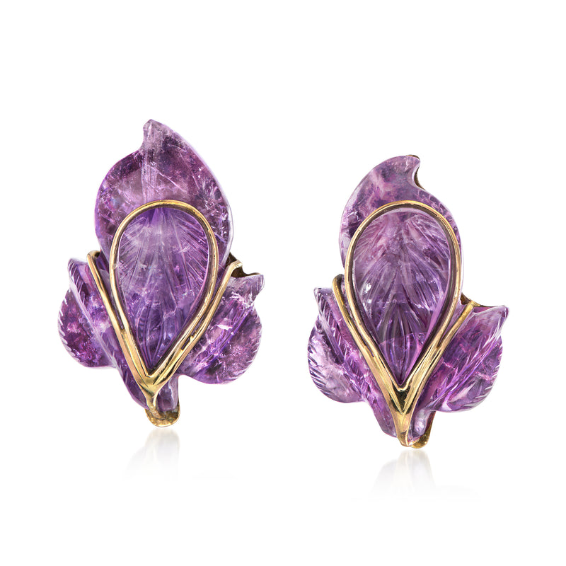 Amethyst clip-on earrings with carved purple stone and yellow gold bezel and prongs