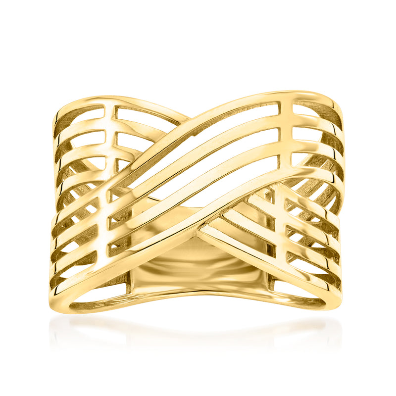 Yellow gold crisscross multi-row cuff ring with open lattice design