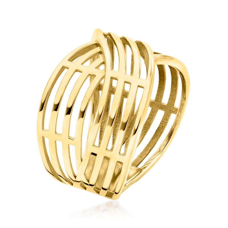 Yellow gold open lattice crisscross multi-row ring, angled view