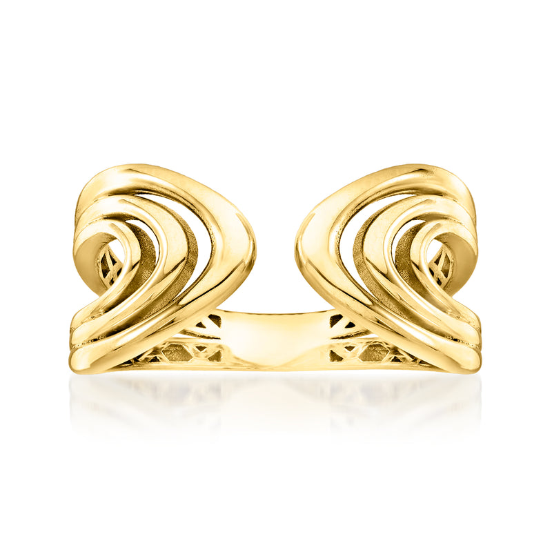 10kt yellow gold open-space cuff ring front view with double swirl channels