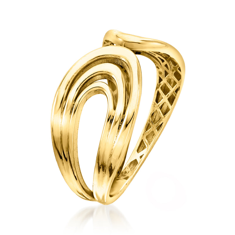 Yellow gold open-space cuff ring side view with sculpted swirl bands