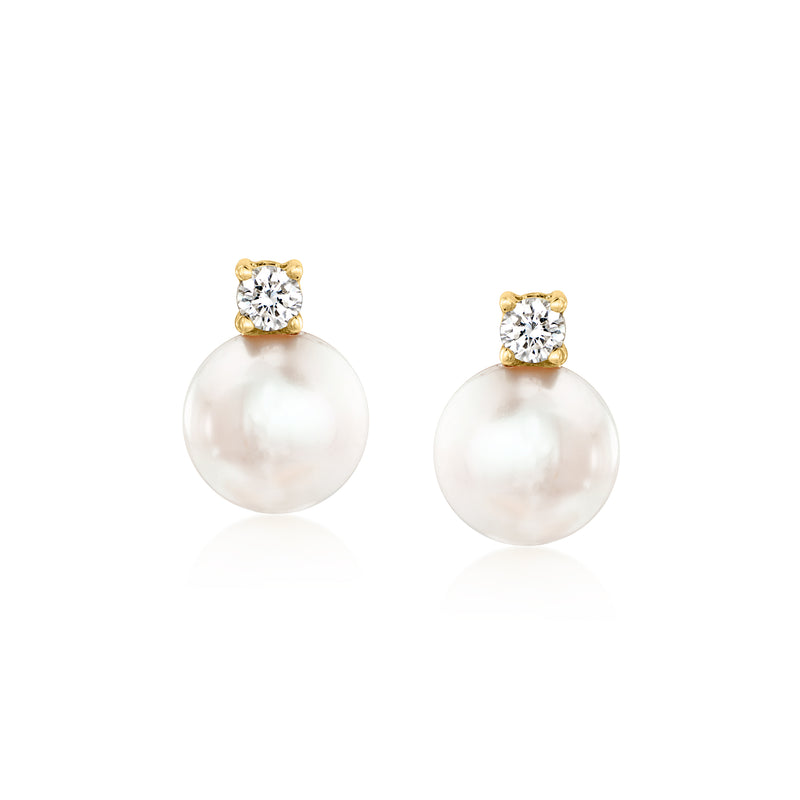 Cultured pearl and lab-grown diamond post earrings, round pearls, 14kt yellow gold