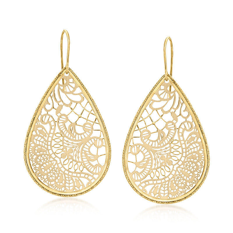 14kt yellow gold teardrop earrings with floral filigree lace and earwire hooks