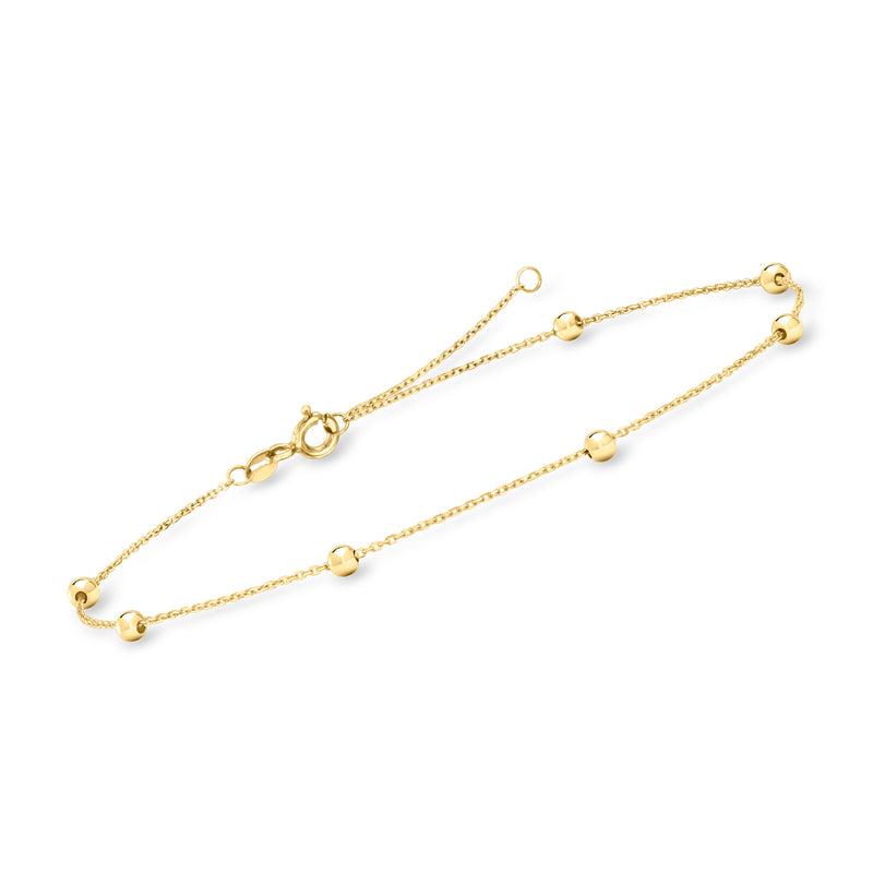 10kt yellow gold bead-station anklet laid flat with round beads and clasp