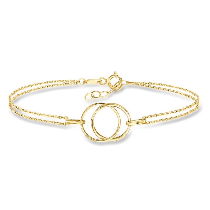 Double-circle gold bracelet with hinged clasp, two overlapping rings centerpiece