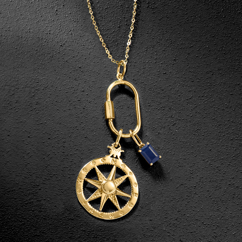 10k yellow gold compass pendant with clasp and blue accent, round compass