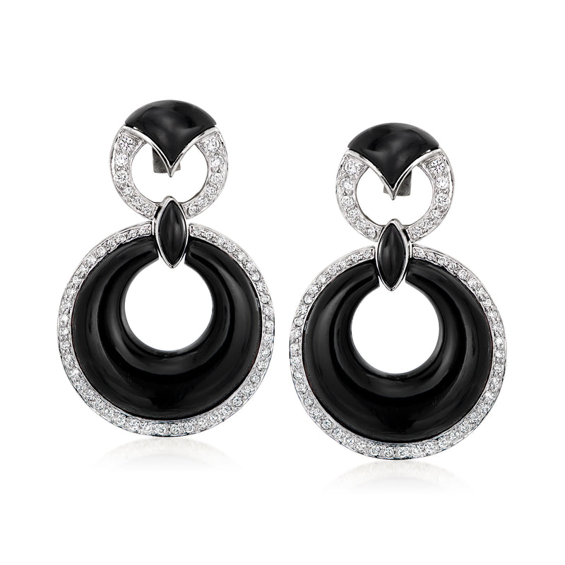 Vintage onyx and diamond double-drop earrings in white gold, round black drops with halos