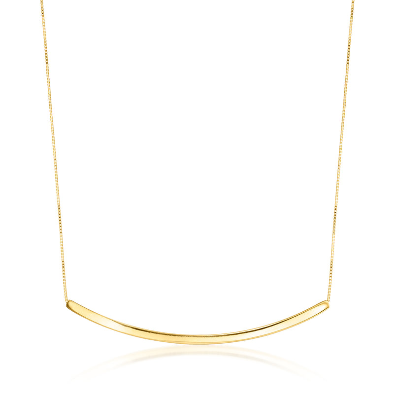 10kt yellow gold curved bar necklace, slim chain with smooth rounded bar.