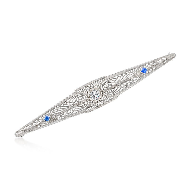 Vintage diamond filigree bar pin with blue sapphire accents, platinum and white gold