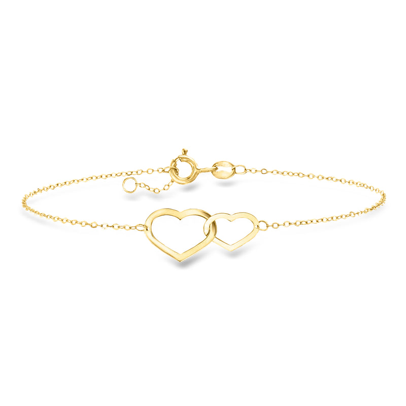 10kt yellow gold infinity heart bracelet with two linked heart charms