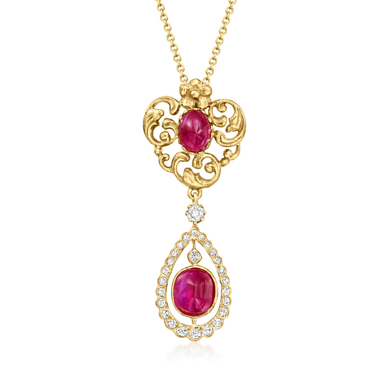 18k yellow gold pendant necklace with two oval ruby stones, diamond accents, filigree
