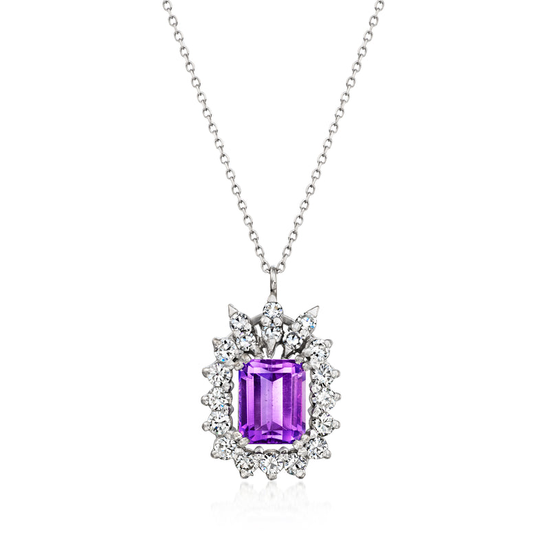 Amethyst pendant necklace with rectangular purple stone and diamond halo on white gold chain