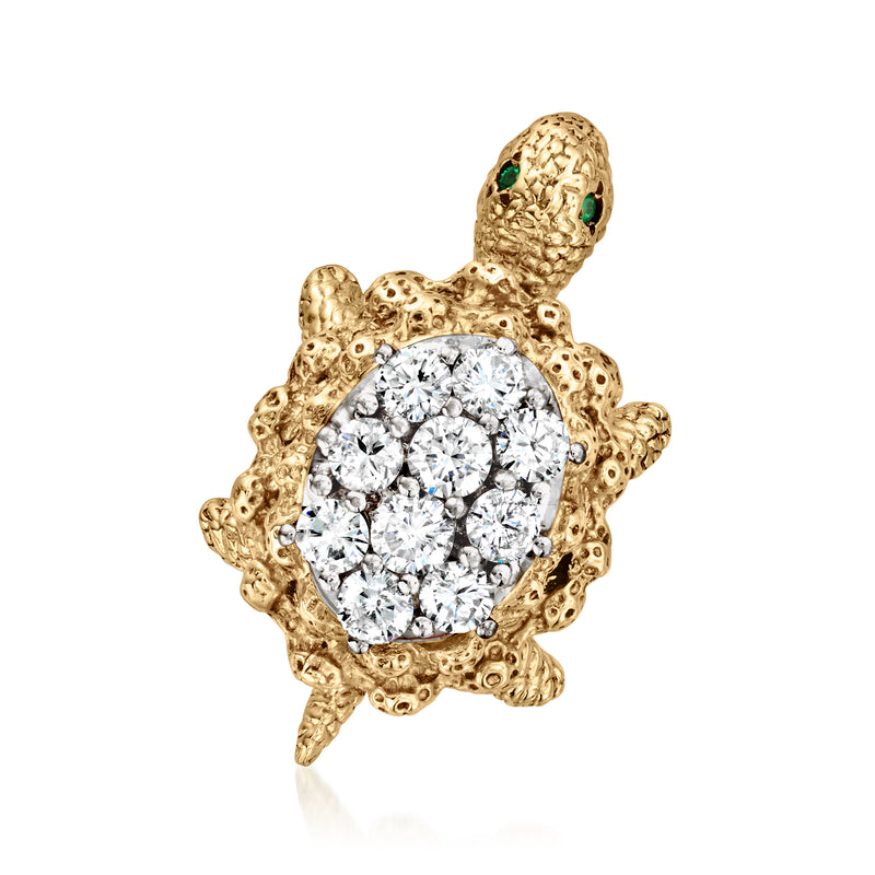 Gold turtle lapel pin with round diamond cluster and small green accents