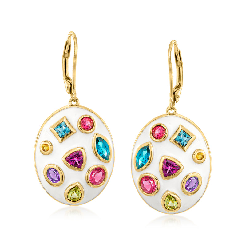 Gold leverback drop earrings with white enamel circle and multi-color gemstones