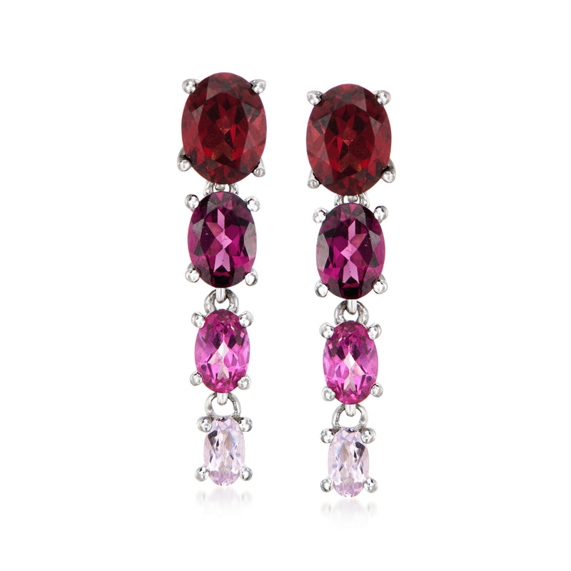 Sterling silver drop earrings with red, pink, and purple multi-gemstones in graduated tiers
