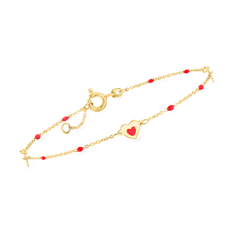 Yellow gold heart station bracelet with red enamel charms and lobster clasp