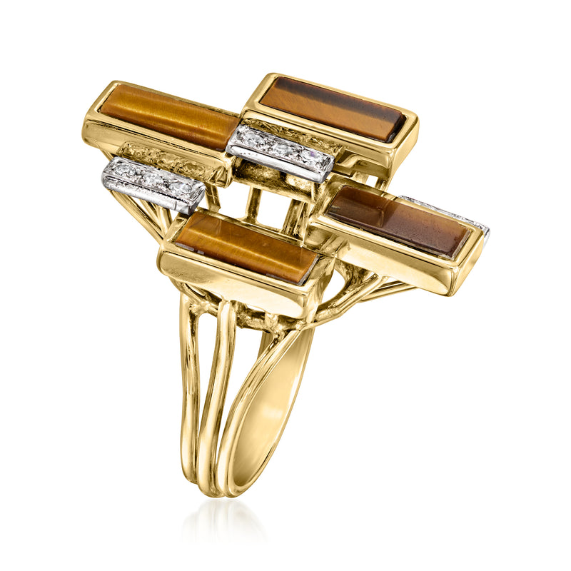 Yellow gold cocktail ring with tiger eye stones and baguette-cut diamond accents