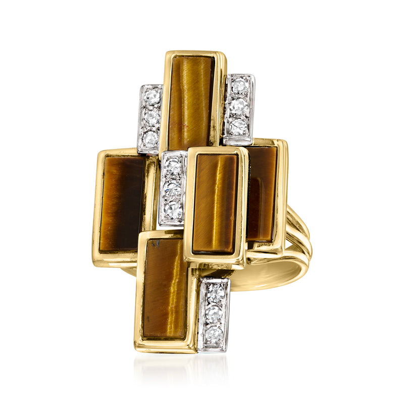 Tiger eye and diamond cocktail ring in yellow gold with stepped rectangular design
