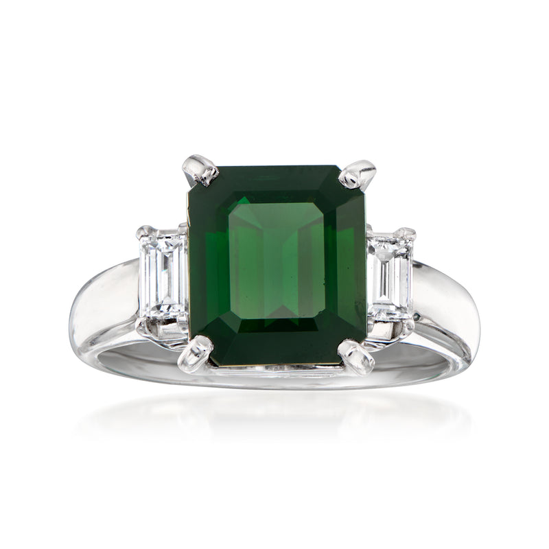 Vintage platinum ring with square green tourmaline center and baguette diamond sides